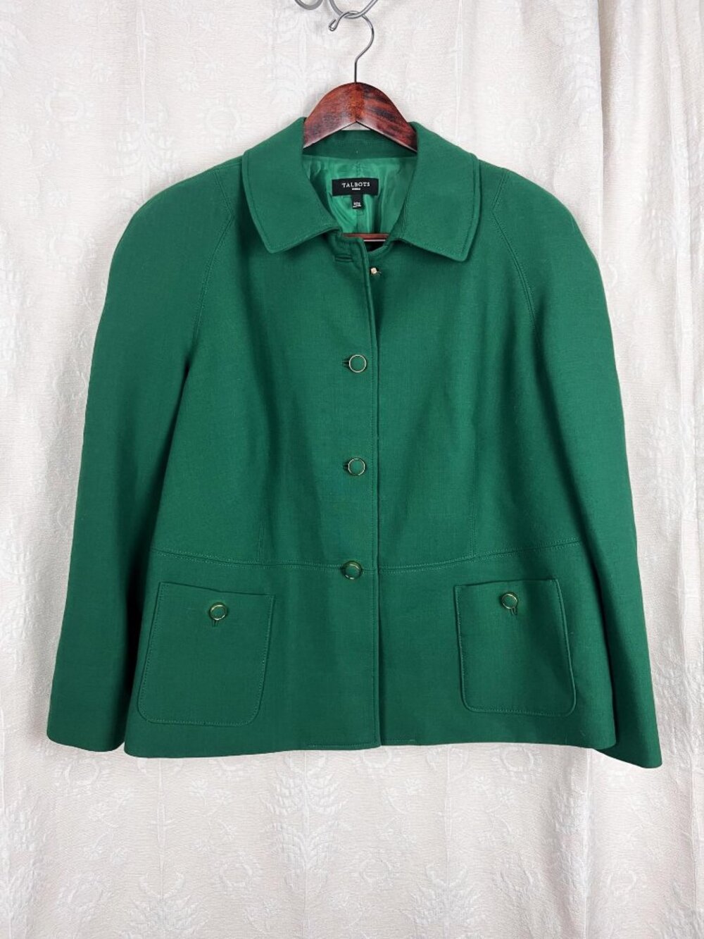Talbots Woman emerald green wool blend button front short jacket blazer classic
